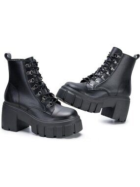 Women’s Black Rubber Chunky Platform Combat  Lace Up Side Zip High Heel Boots